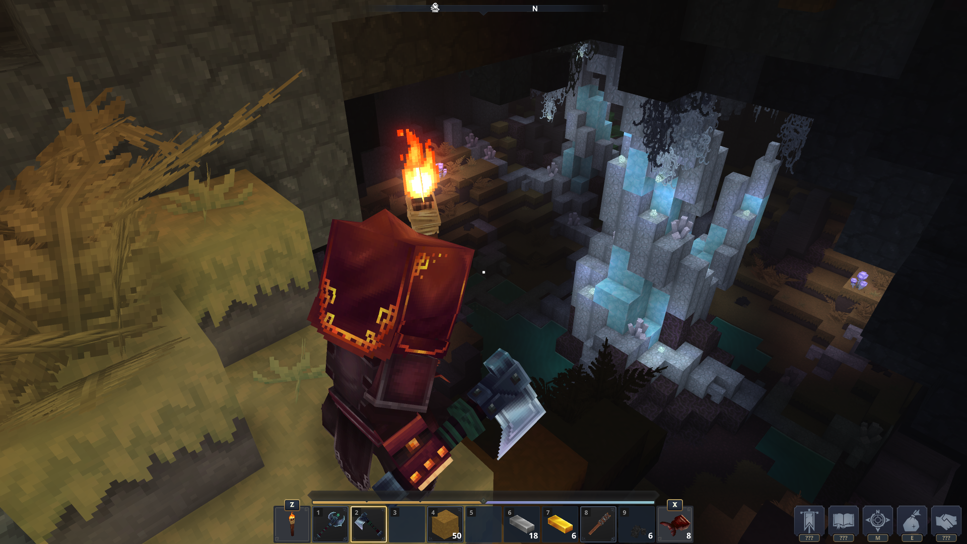 Скриншот режима приключений: игрок возле прибрежного поселения на рассвете