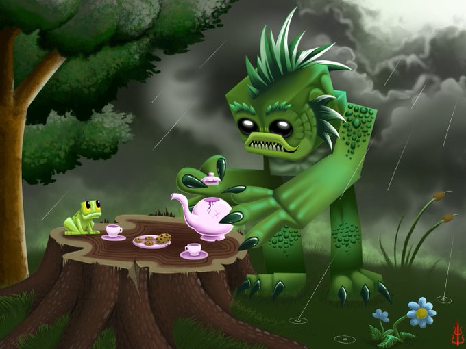 Милая иллюстрация Болотного охотника (Fen Stalker) на чаепитии с друзьями-лягушками в болотной обстановке