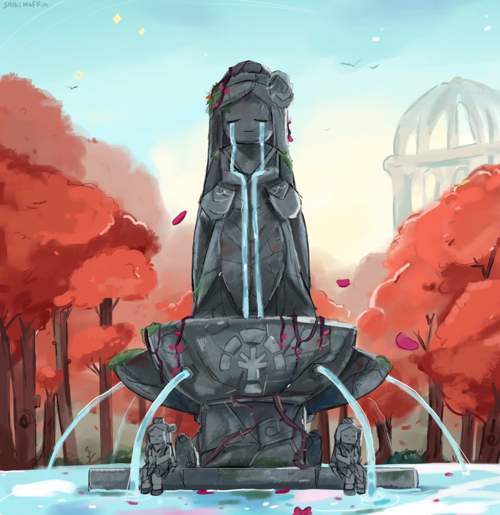 Атмосферная картина плачущей статуи-фонтана Гайи (Gaia) в окружении падающих осенних листьев