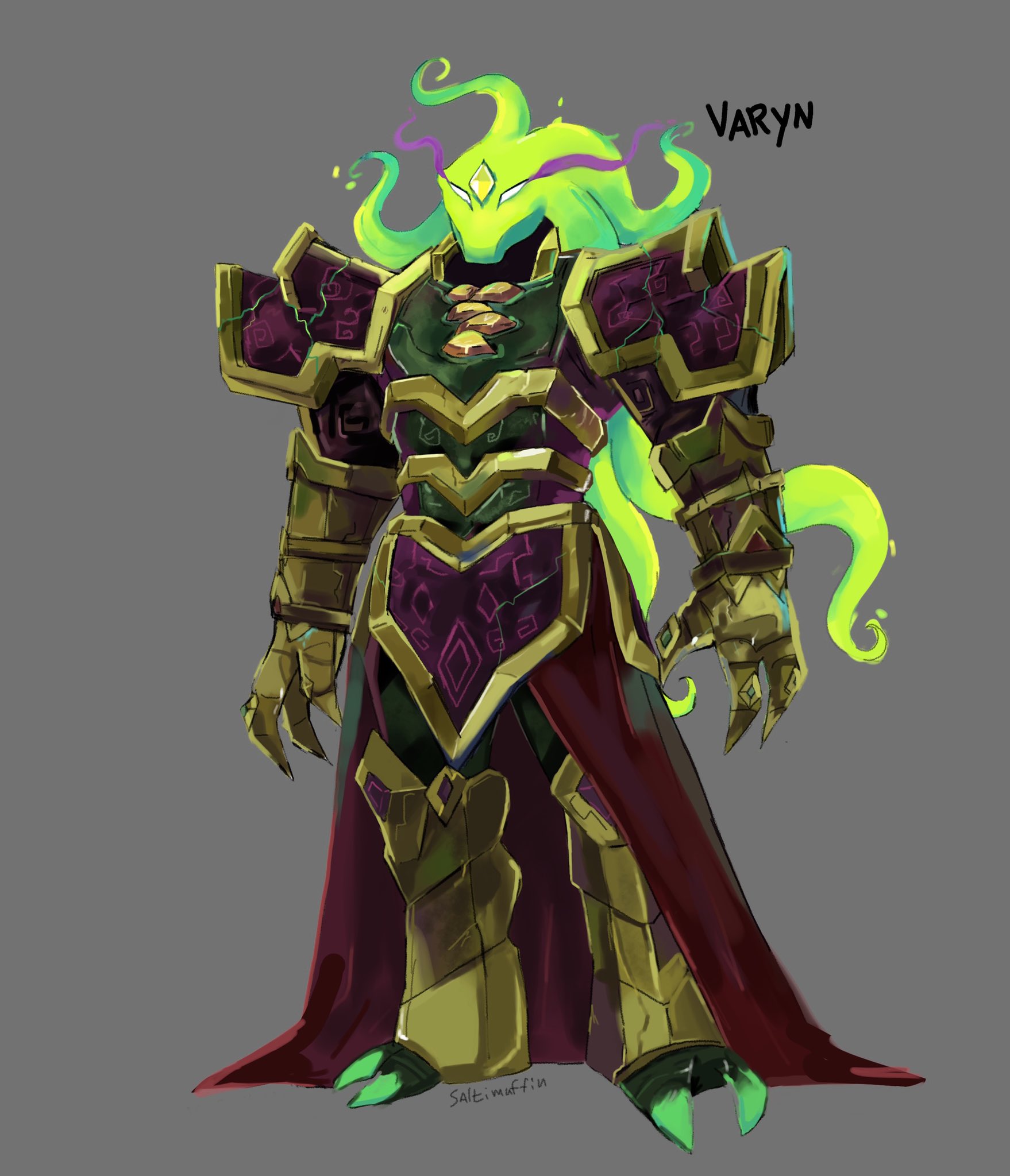 Тёмная величественная картина Варина (Varyn) со светящимися глазами и эфирной фиолетовой энергией