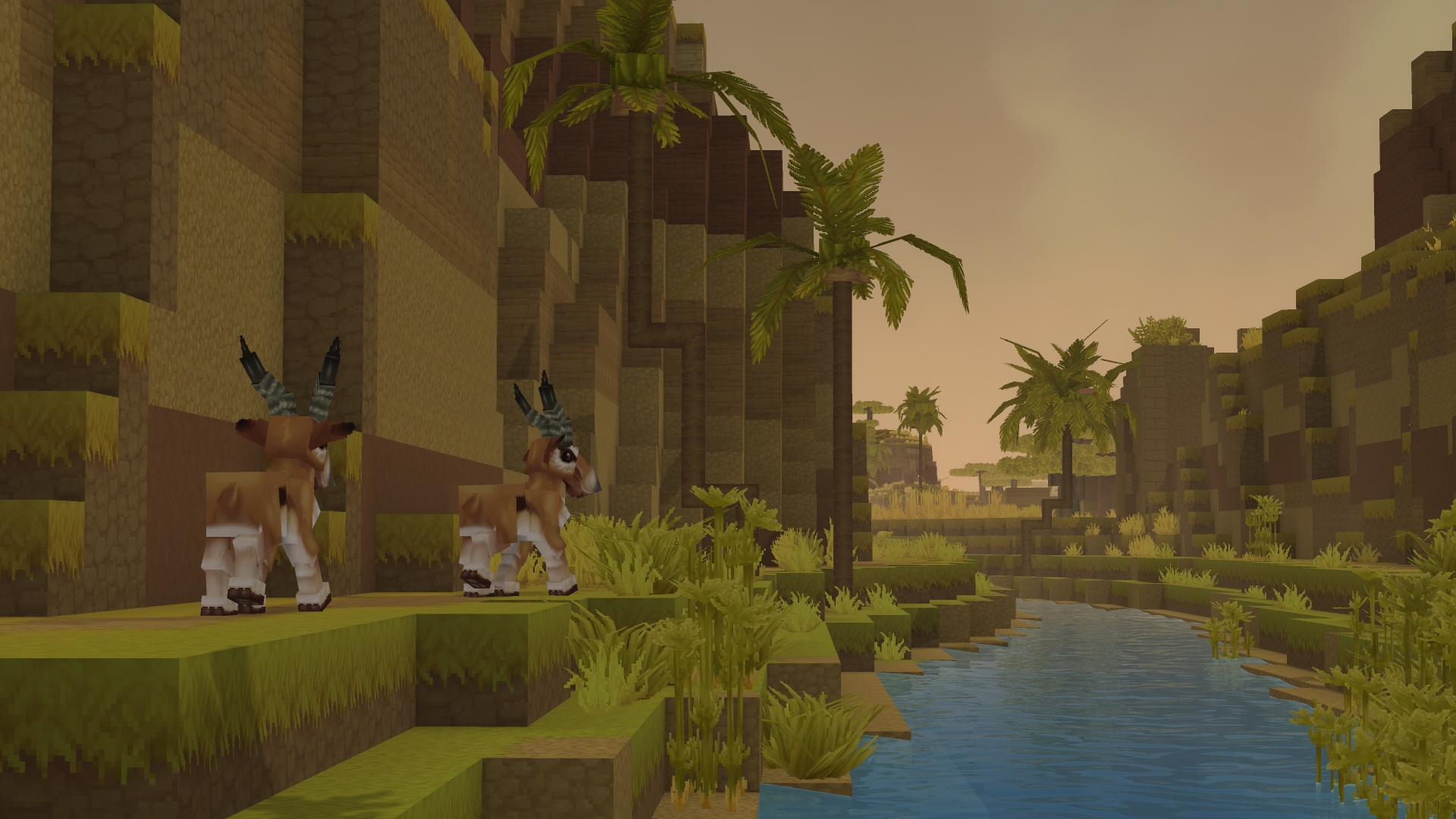 Пустынный пейзаж с извилистой рекой среди каньонов в Hytale