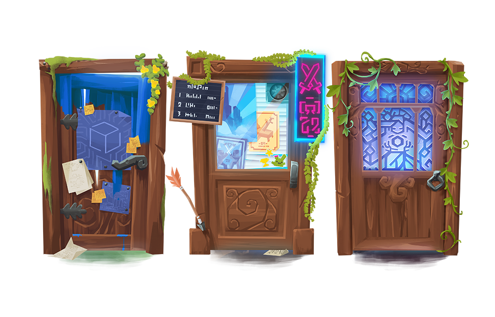 Концепт-арт с тремя закрытыми дверями, представляющими игровые режимы Hytale