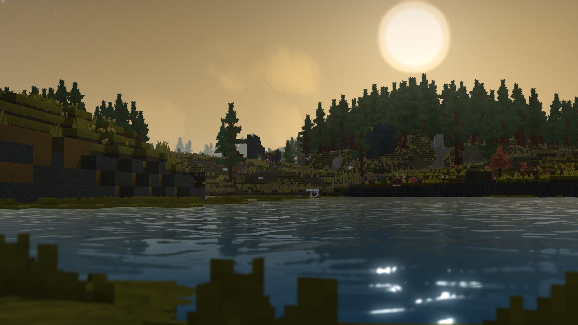 Безмятежная сцена вечернего озера с закатным освещением в Hytale