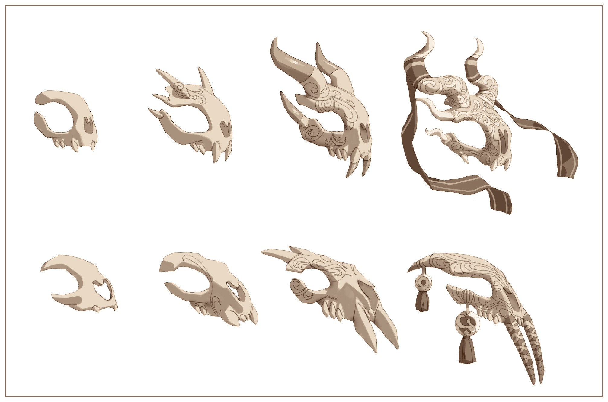 Концепт-арт масок Феранов (Feran) с различными племенными дизайнами