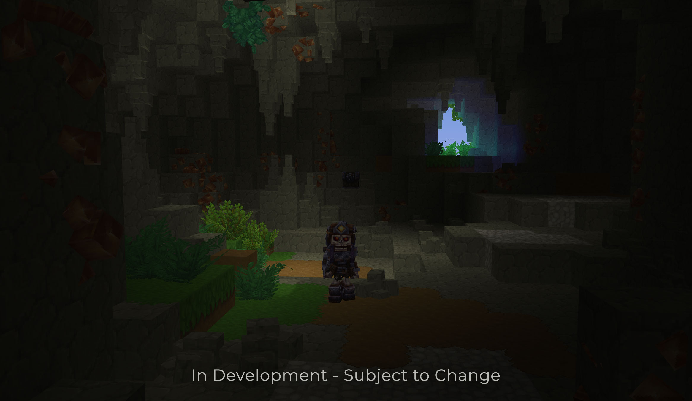 Игровой скриншот нежити-шахтёра Undead Miner в пещерном окружении Hytale