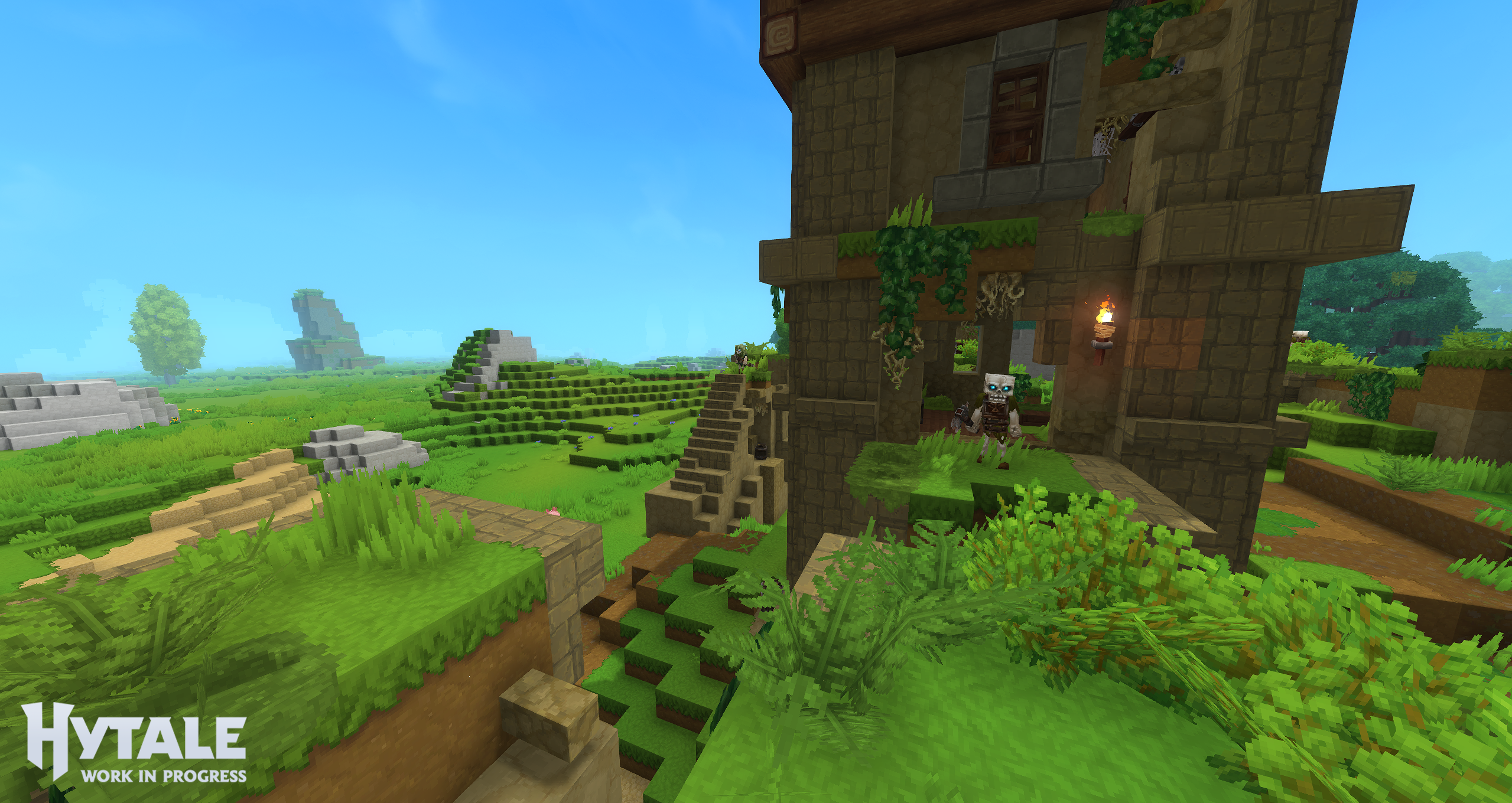 Скриншот Hytale с дальностью прорисовки 192 блока от первого лица, руины