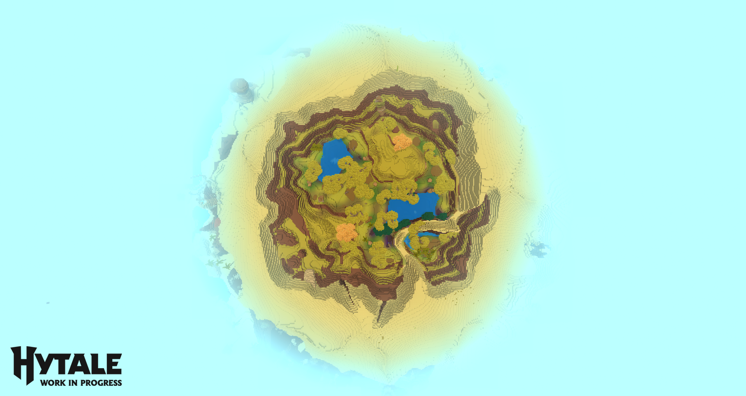 Скриншот Hytale с дальностью прорисовки 192 блока, вид сверху на оазис