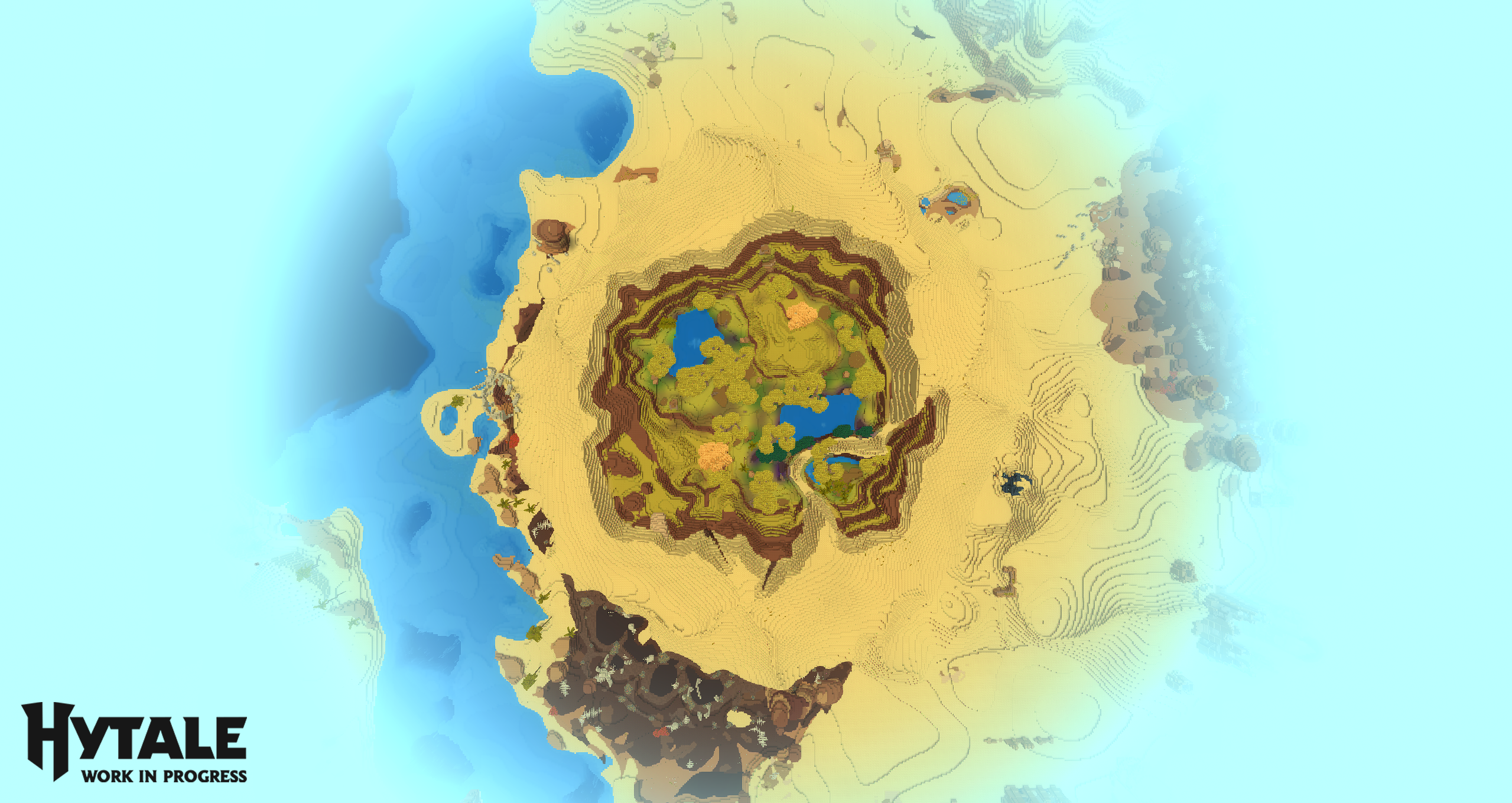 Скриншот Hytale с дальностью прорисовки 384 блока, вид сверху на оазис